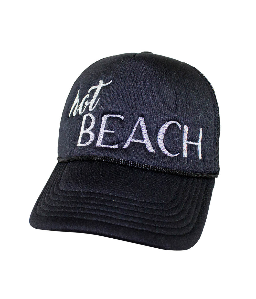 Hot Beach Foam Trucker Cap with embroidered text, perfect summer hat for beach vibes.