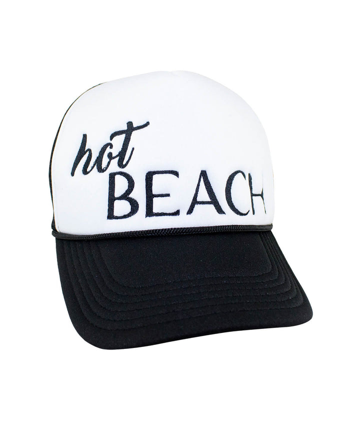 Hot Beach unisex foam trucker cap featuring black and white design and &