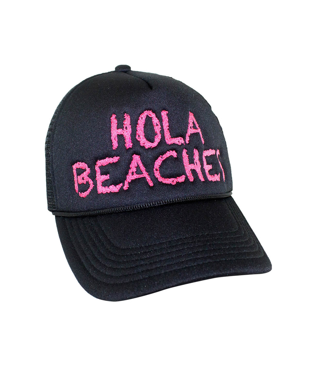 Hola Beaches Foam Trucker Hat featuring embroidered text, perfect for casual beach outings and summer fun. Focus keyword: hat.