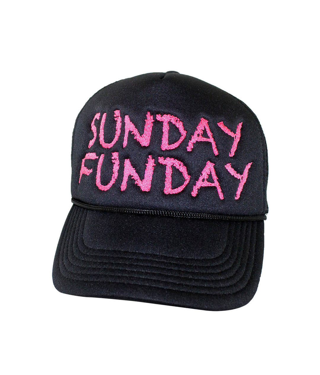 Sunday Funday Foam Trucker Hat, a stylish hat with pink embroidered text for casual wear.