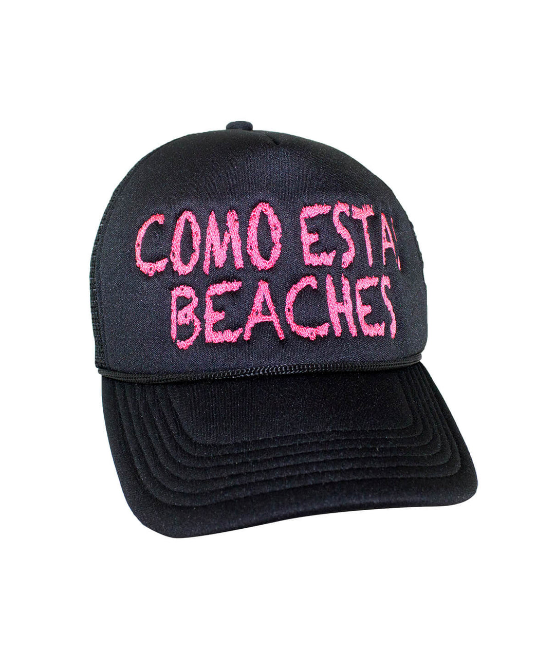 Como Estas Beaches Foam Trucker Hat featuring embroidered text, perfect casual hat for beach lovers.