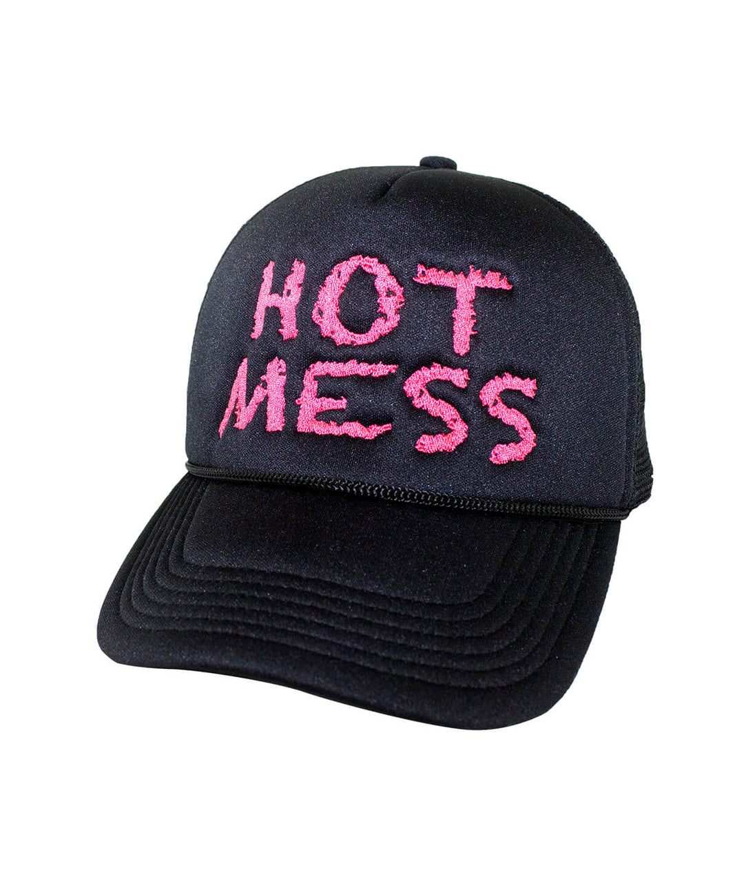 Hot Mess foam trucker hat with embroidered text, a stylish cap designed for fun and casual wear.