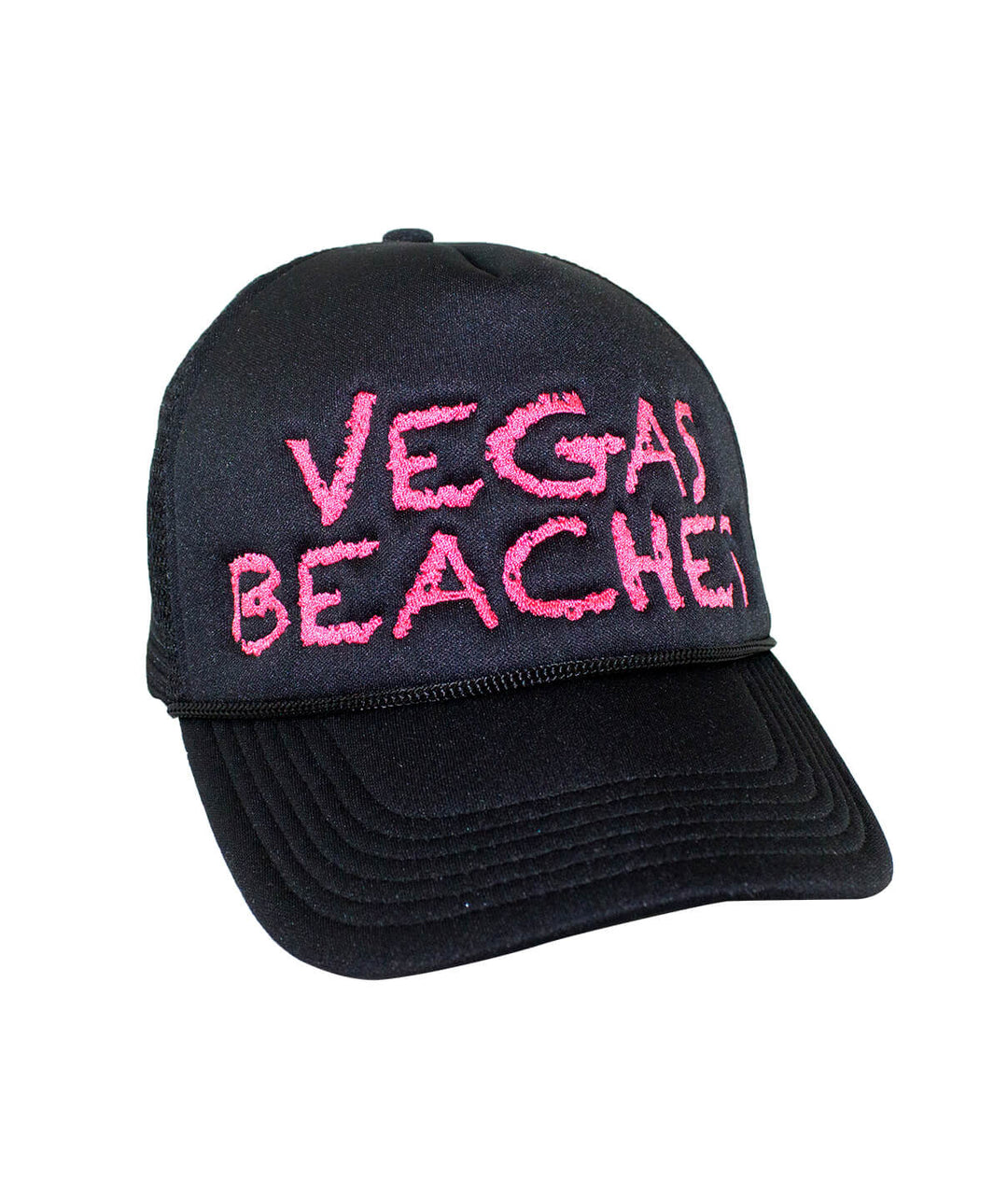 Vegas Beaches Foam Trucker Hat, a baseball cap with embroidered lettering, perfect for beach outings.