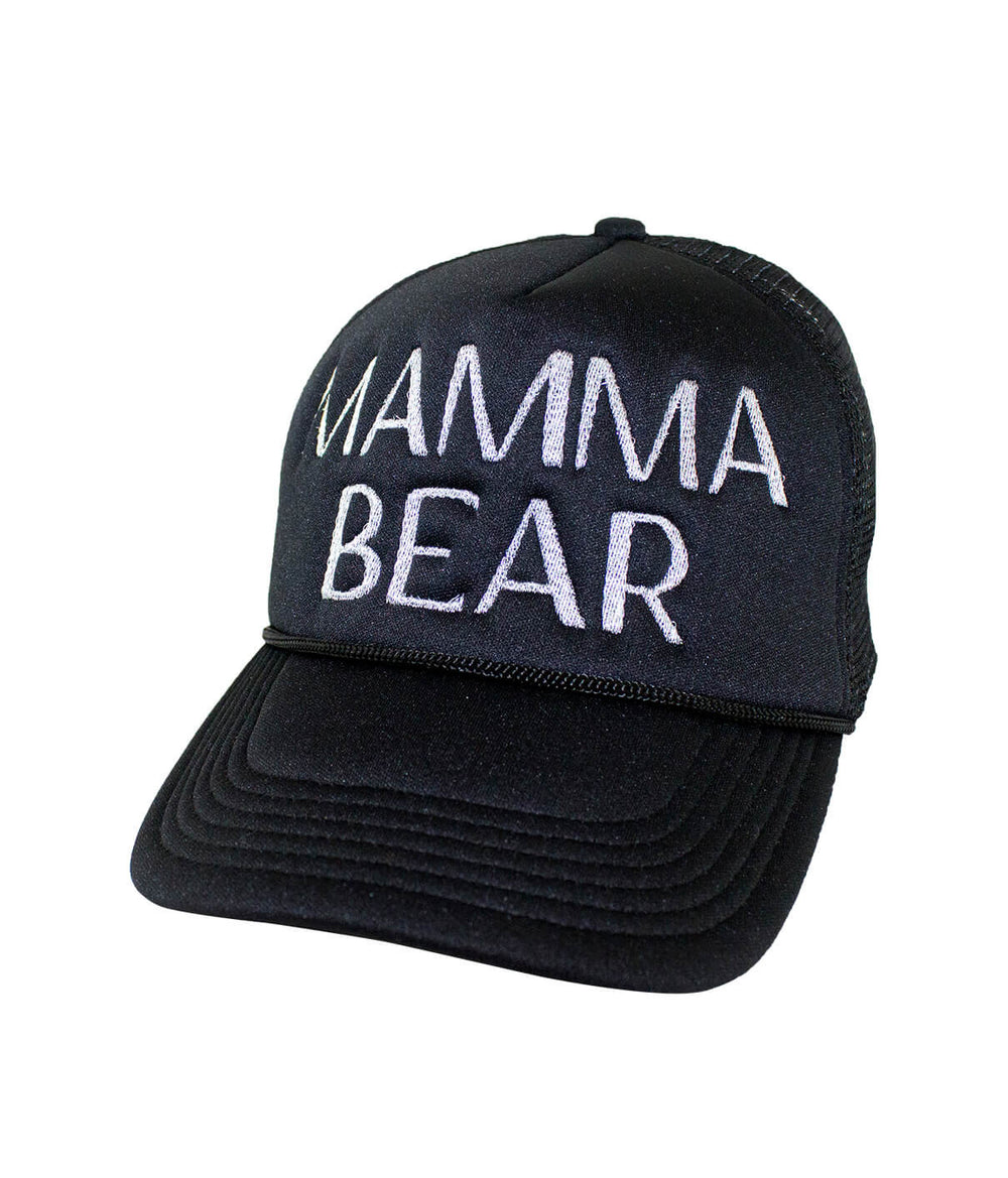 Mamma Bear Foam Trucker Hat, stylish hat with embroidered text on front panel and NICERIDE on the side.