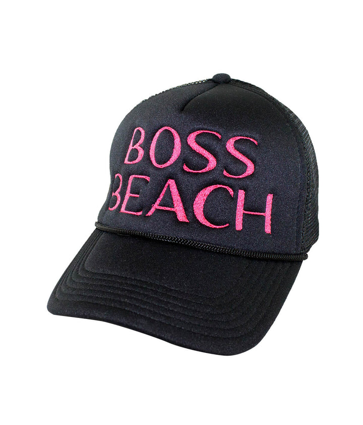 Boss Beach Foam Trucker Hat with pink embroidery, perfect summer hat for beach lovers.