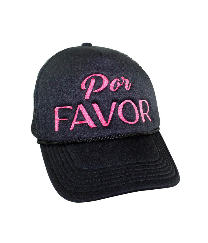 Por Favor Foam Trucker Hat featuring pink embroidered text, perfect stylish hat for any casual outfit.