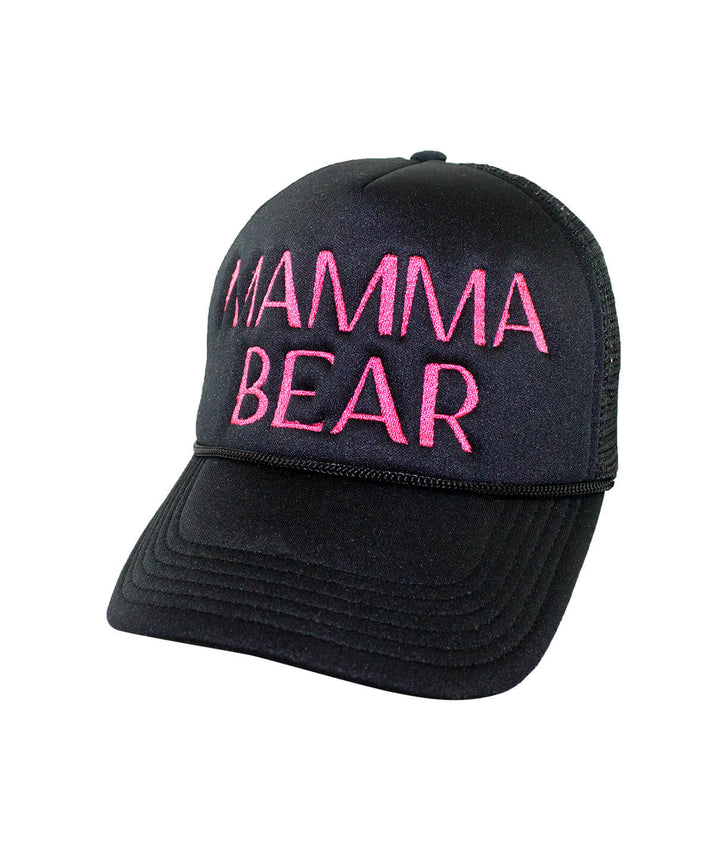 Mamma Bear Foam Trucker Hat showcasing pink embroidery against a black background, perfect hat for casual wear.