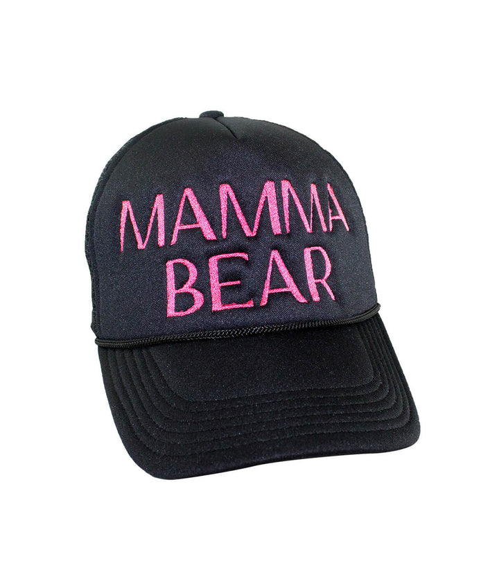 Mamma Bear Foam Trucker Hat featuring embroidered text, front view of the hat for sale.