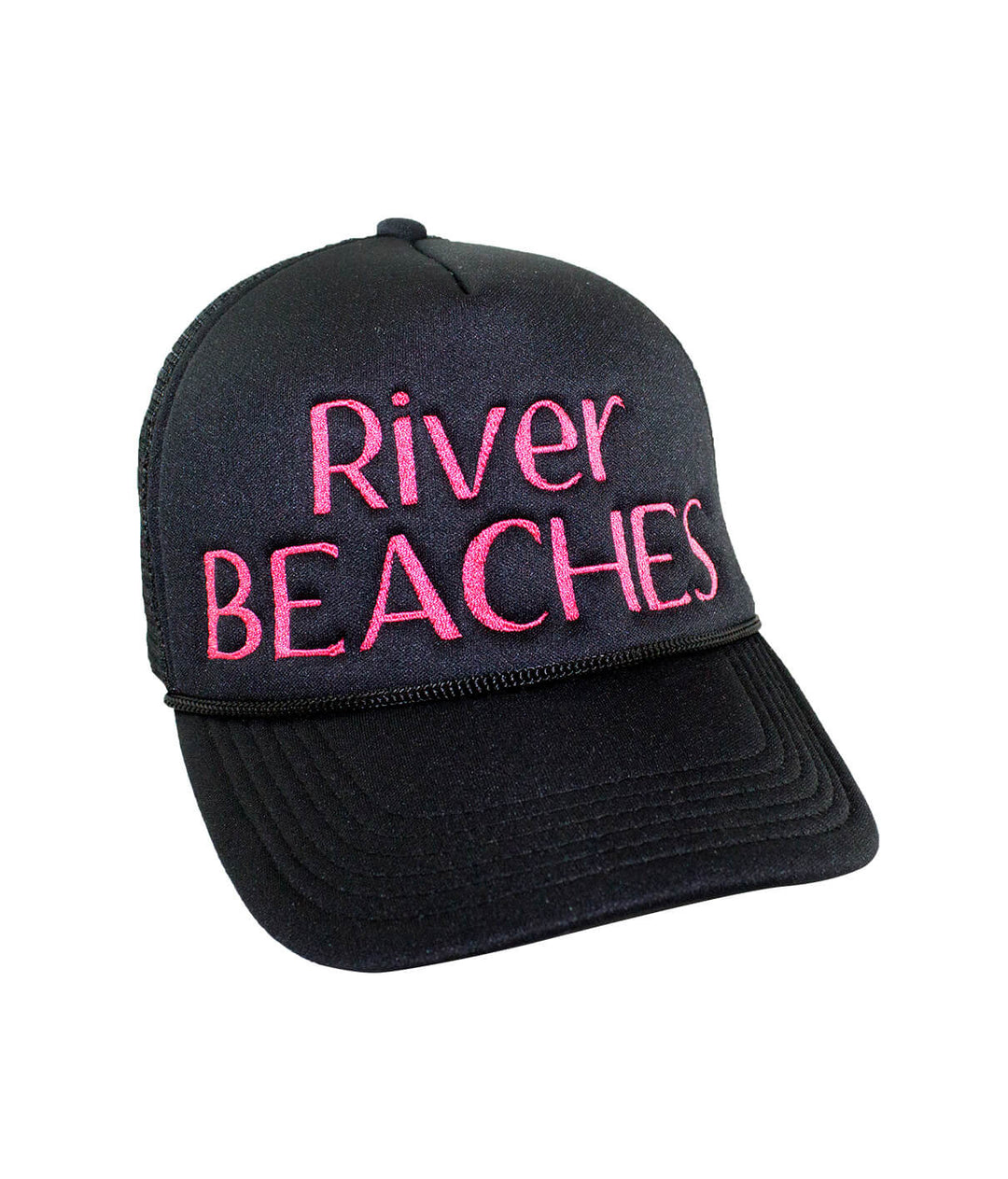 River Beaches Foam Trucker Hat with embroidered text, stylish hat perfect for outdoor wear.