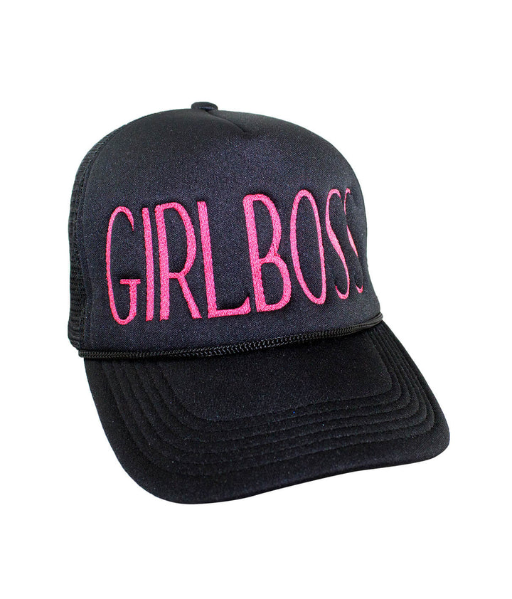 Girl Boss Foam Trucker Hat with pink embroidery on the front panel, designed for stylish wear.