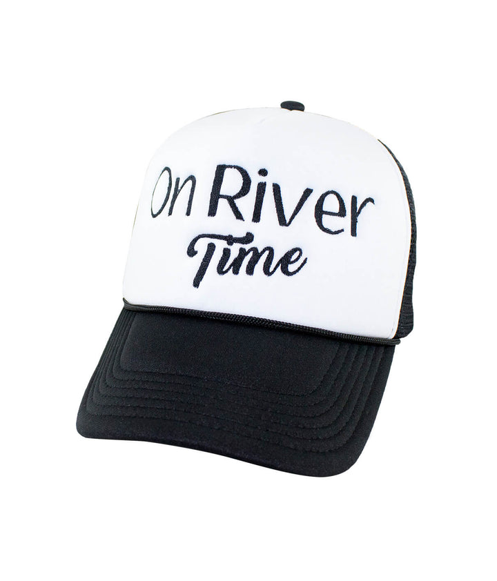 On River Time Foam Trucker Hat featuring embroidered text, a stylish hat for outdoor adventures.