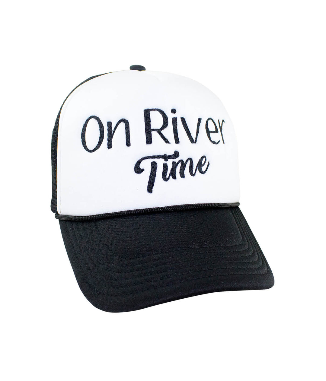 On River Time Foam Trucker hat with embroidery, black and white cap for outdoor enthusiasts.