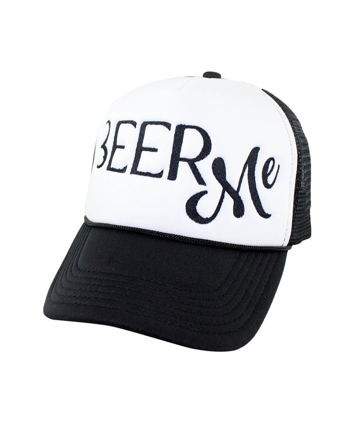 Beer Me Foam Trucker Hat featuring embroidered text, ideal hat for casual wear.