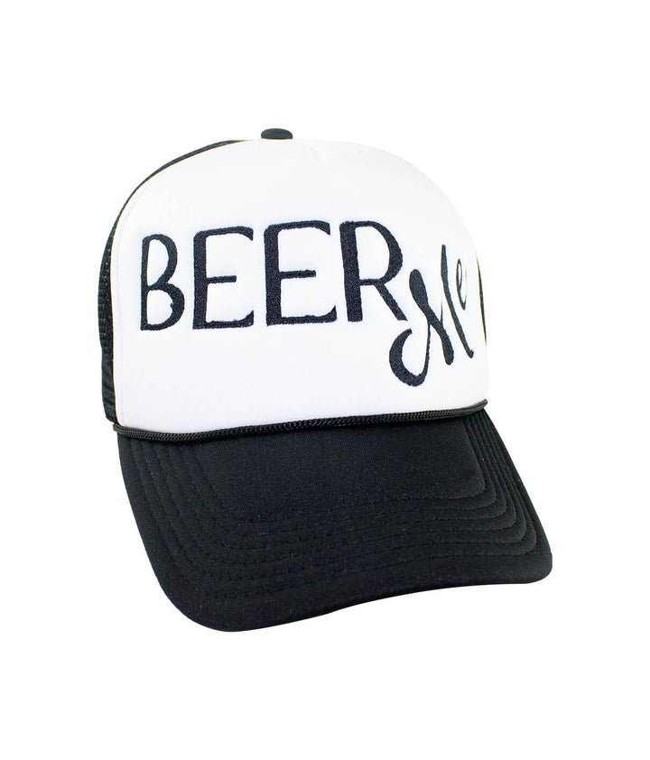 Beer Me Foam Trucker Hat with embroidered text, a stylish hat perfect for casual outings.