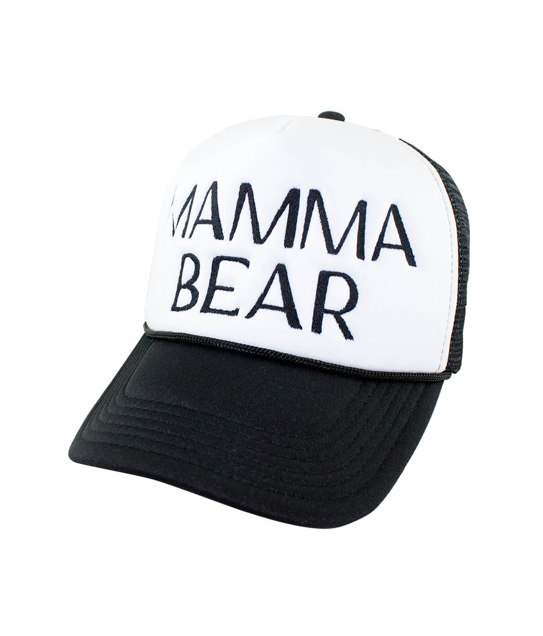 Mamma Bear Foam Trucker Hat, black and white baseball cap for stylish outdoor adventures.