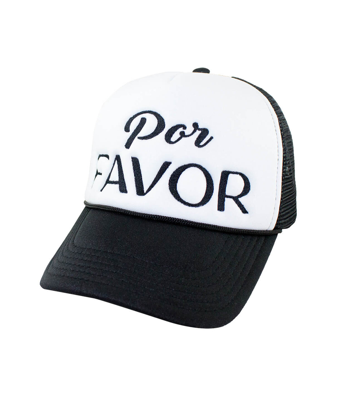 Por Favor Foam Trucker Hat with embroidered lettering, stylish baseball cap for casual wear.
