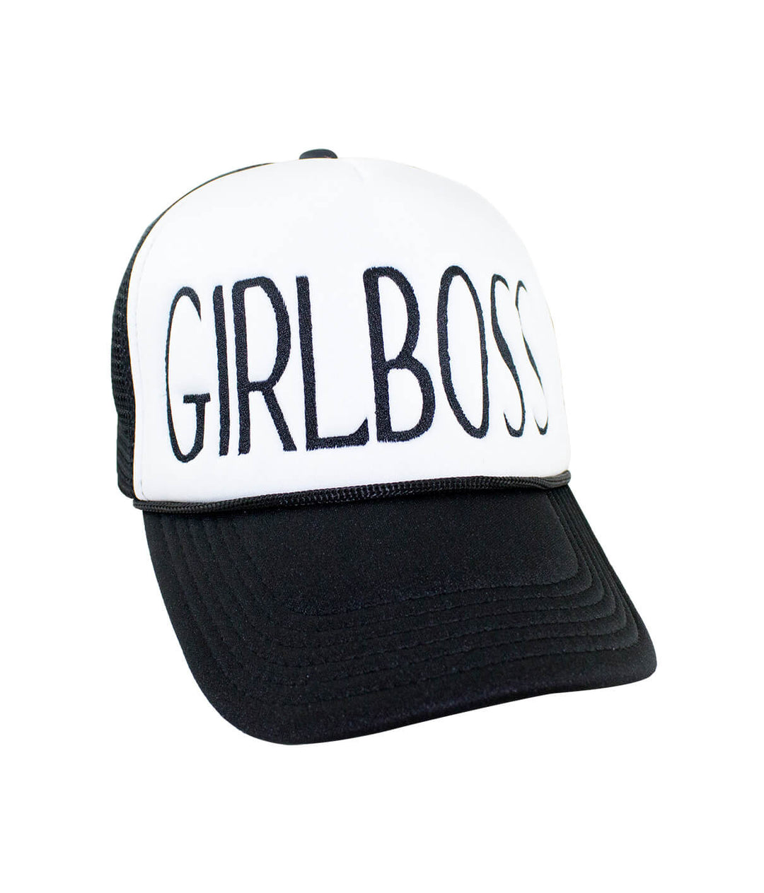Girl Boss Foam Trucker Hat featuring bold embroidery on front panel, perfect stylish hat for any outfit.