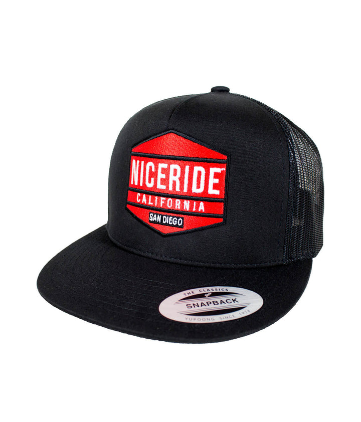 Good Times Black Trucker Hat by NICERIDE with classic snapback design and embroidered logo.