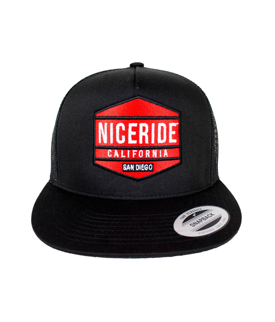 Good Times Black Trucker Hat with embroidered NICERIDE logo, perfect for casual wear. Classic snapback design, hat.