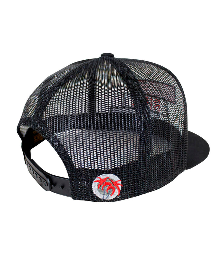 Back view of the Stepping Up trucker hat featuring black mesh, snapback, and red palm logo embroidery.