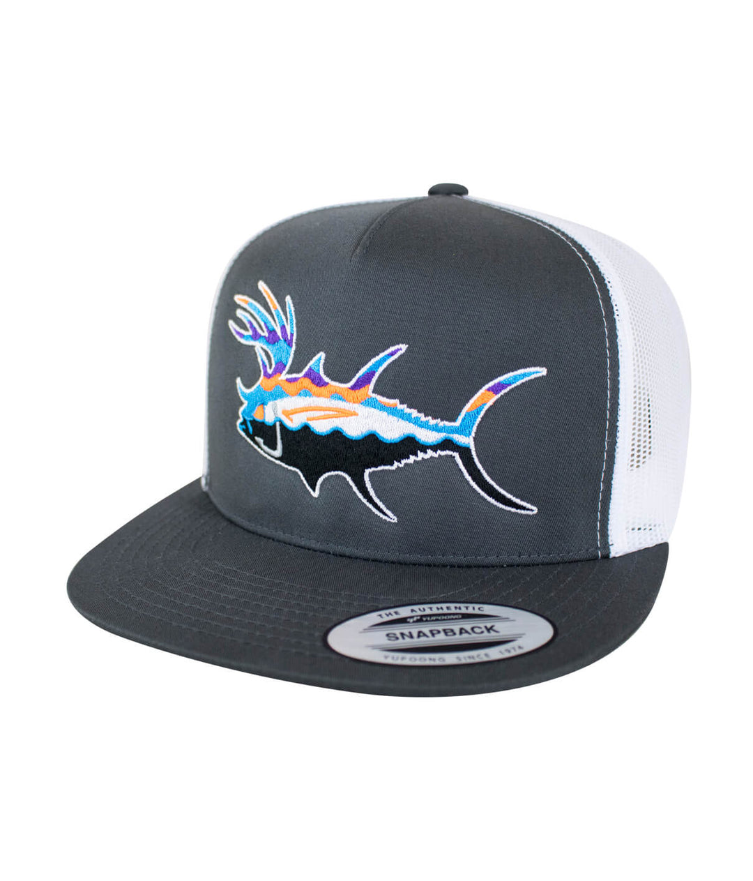 Buck-Eye Explorer unisex snapback trucker hat featuring embroidered fish design on a gray background.