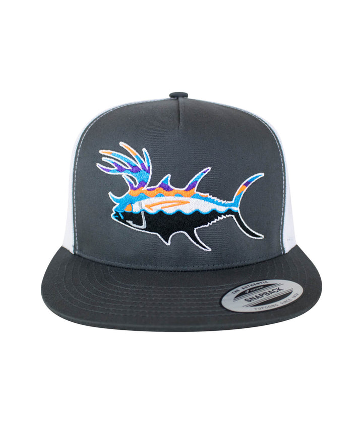 Buck-Eye Explorer unisex snapback trucker hat featuring a vibrant fish embroidery design.