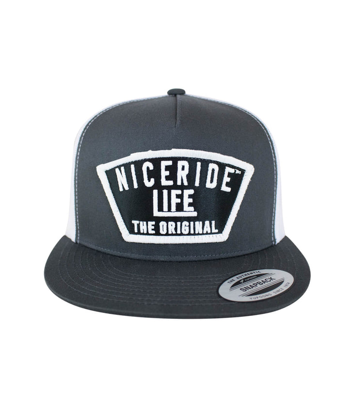 NICERIDE Life Original Trucker Hat, gray snapback style cap, featuring front logo design, perfect for casual wear.