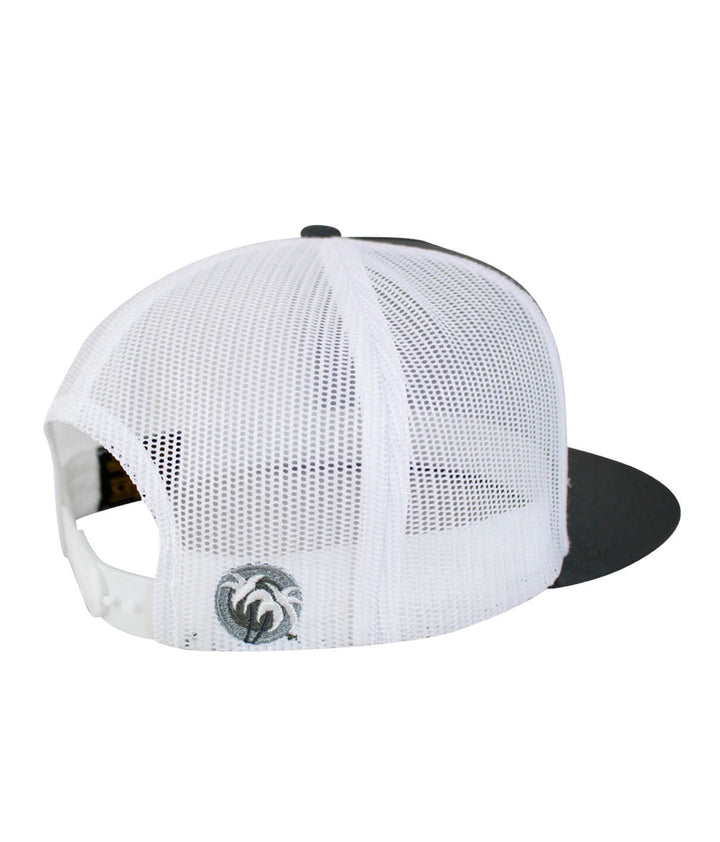 Back view of a Grinder Trucker Hat, featuring a black visor and white mesh, showcasing palm logo embroidery.