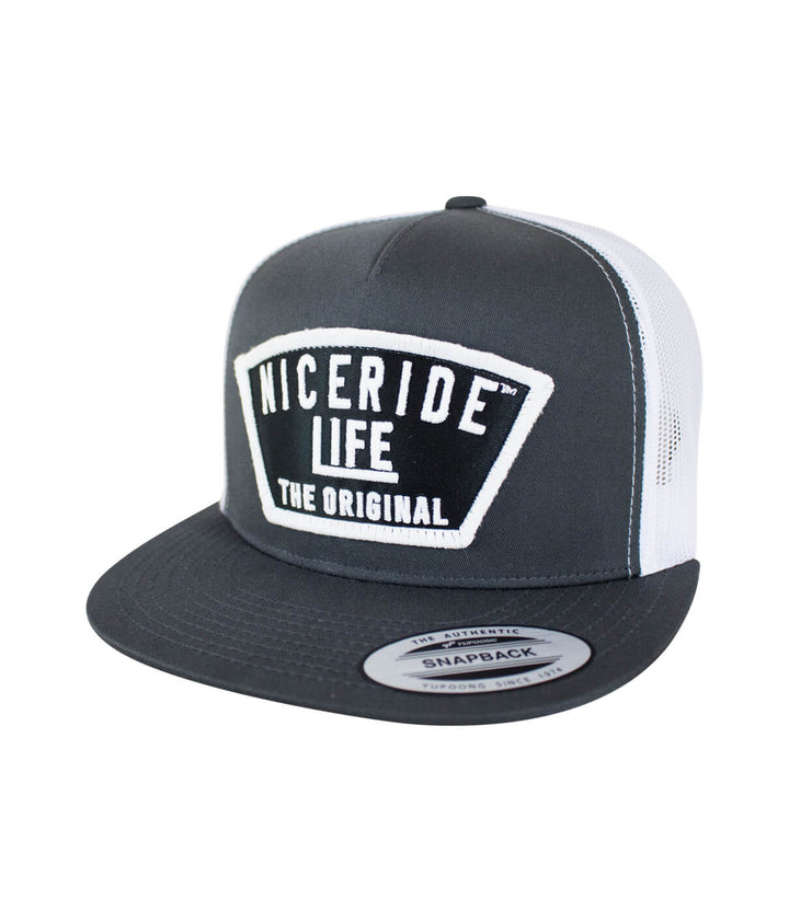 Grinder trucker hat featuring NICERIDE design, gray front, white mesh back, and snapback closure, perfect for outdoor wear.