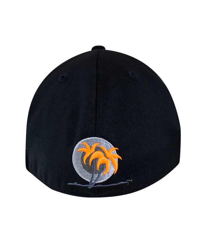 Back view of Tornado 210 Fitted Hat with black palm logo and vibrant orange palm trees embroidered.