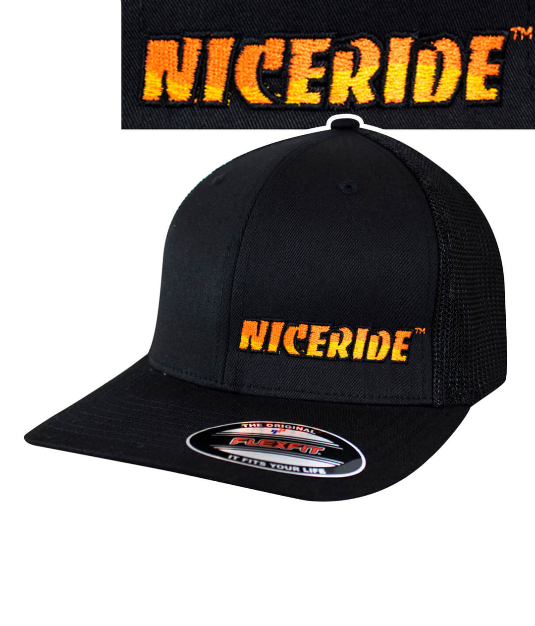 Classic NICERIDE Meshback Flexfit Hat featuring NICERIDE logo on front and palm logo on back.