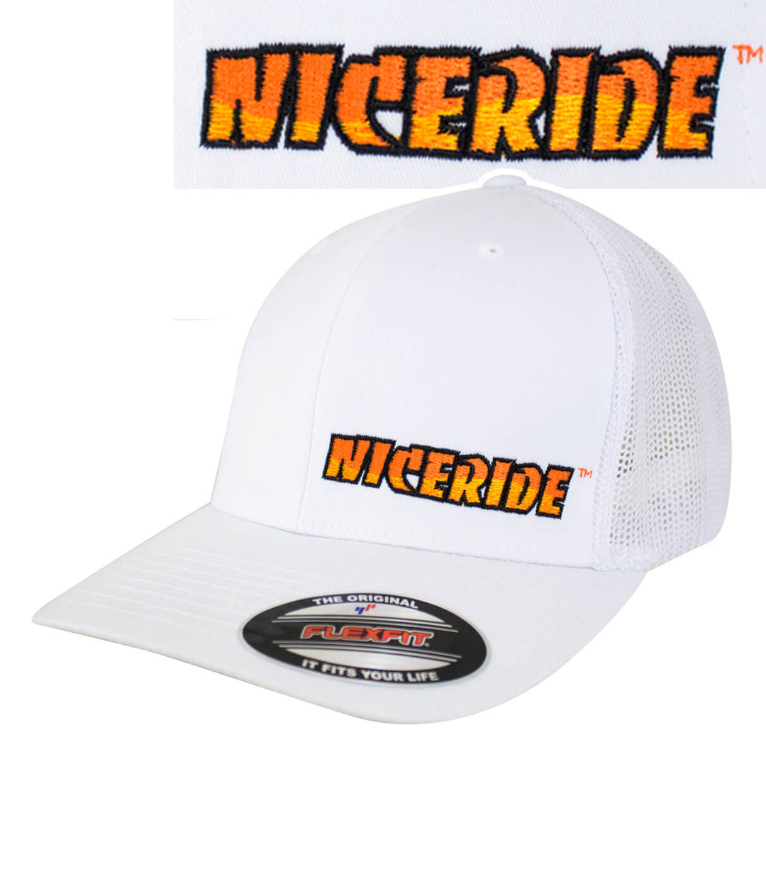 Classic NICERIDE Meshback Flexfit hat with embroidery on the front and back, designed and made in the USA.