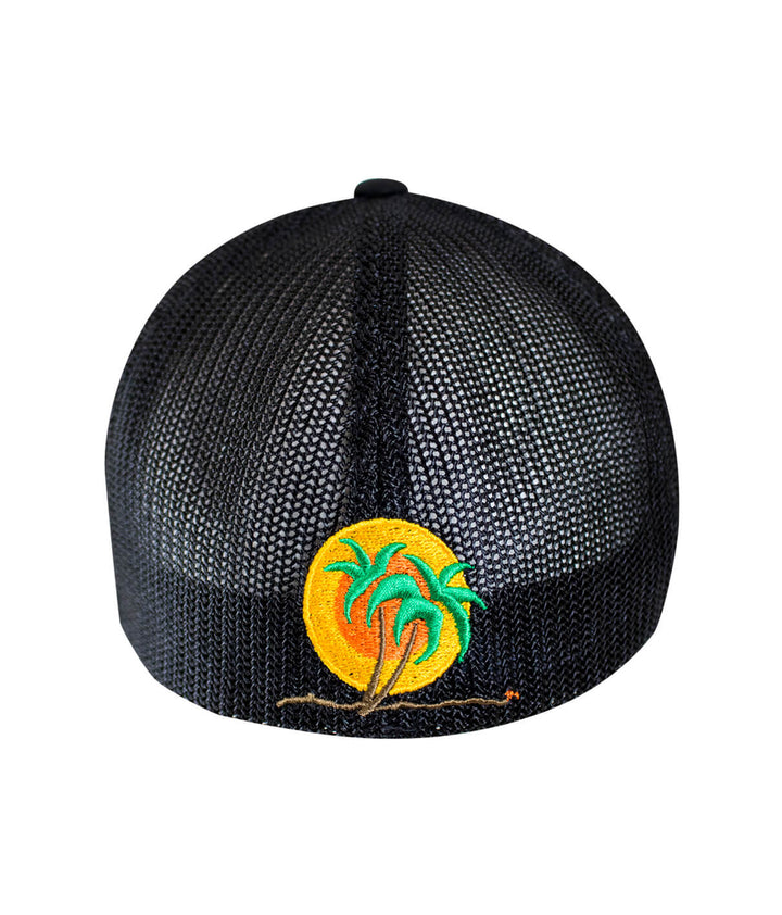 Classic NICERIDE Meshback Flexfit Hat with palm logo and sun design on the back, perfect summer hat.