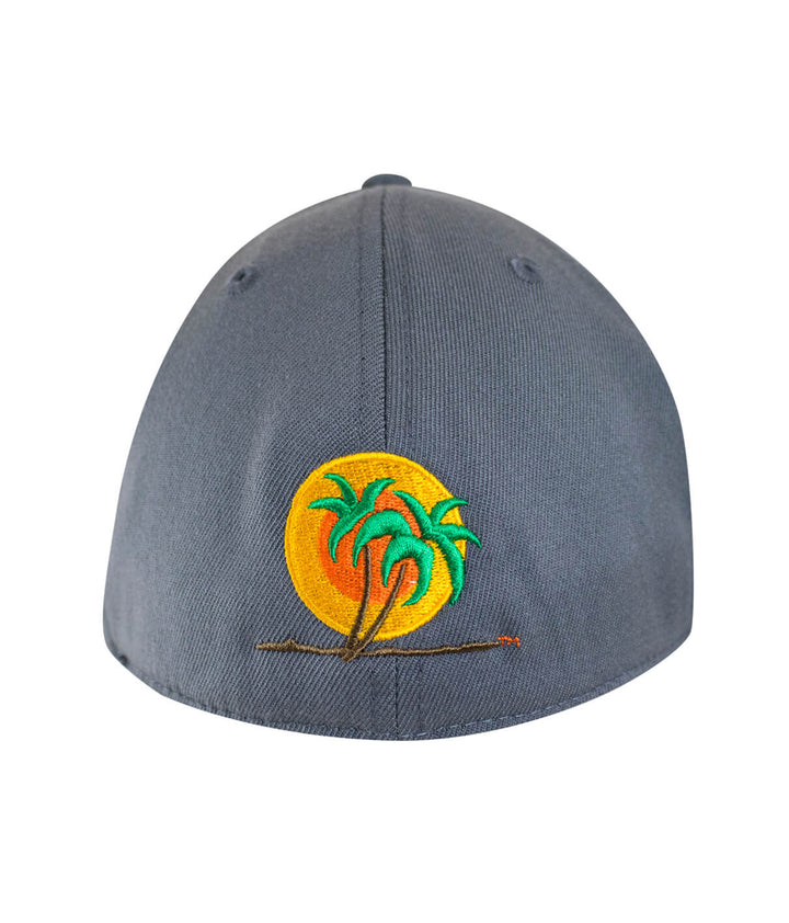 Back view of a Classic NICERIDE 210F fitted hat with palm logo and sun embroidery, showcasing a stylish hat design.