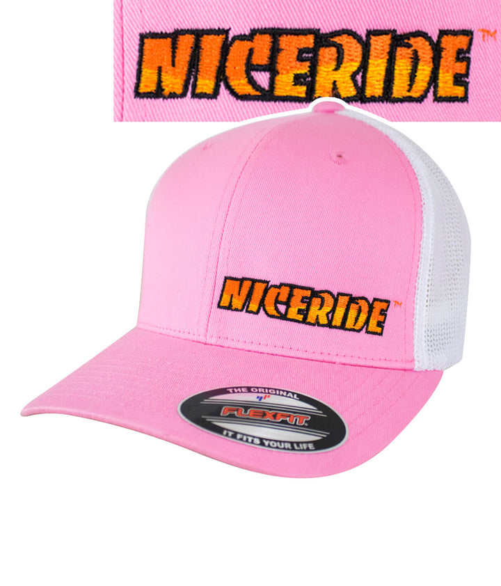 Classic NICERIDE Meshback Flexfit Hat in pink with embroidered logo on front and back.