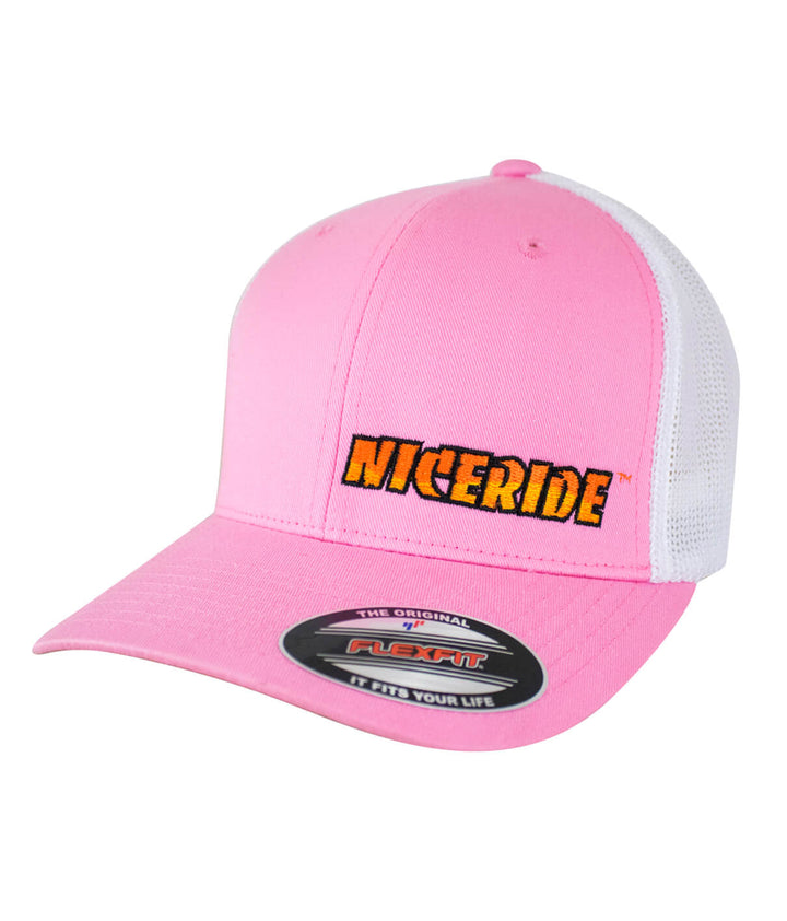 Classic NICERIDE Meshback Flexfit Hat in pink color with front embroidery showcasing NICERIDE.