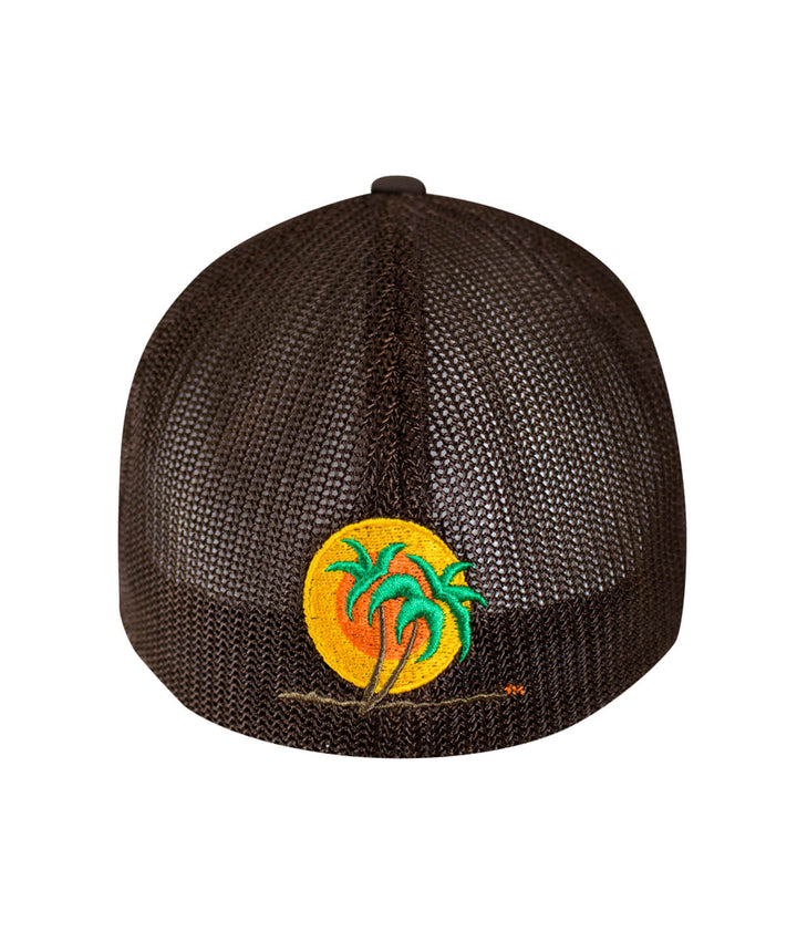 Back view of the Classic NICERIDE Meshback Flexfit Hat featuring embroidered palm logo and sun design.