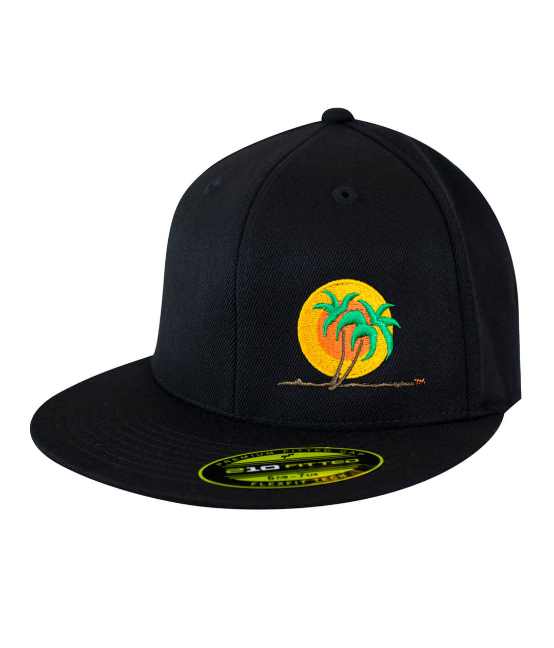 Classic Palm 210F Fitted Hat featuring embroidered palms and sun on a black baseball cap.