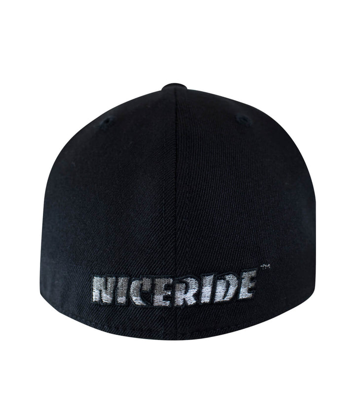 Back view of NICERIDE Black Line 210F fitted hat, showcasing the embroidered NICERIDE logo.