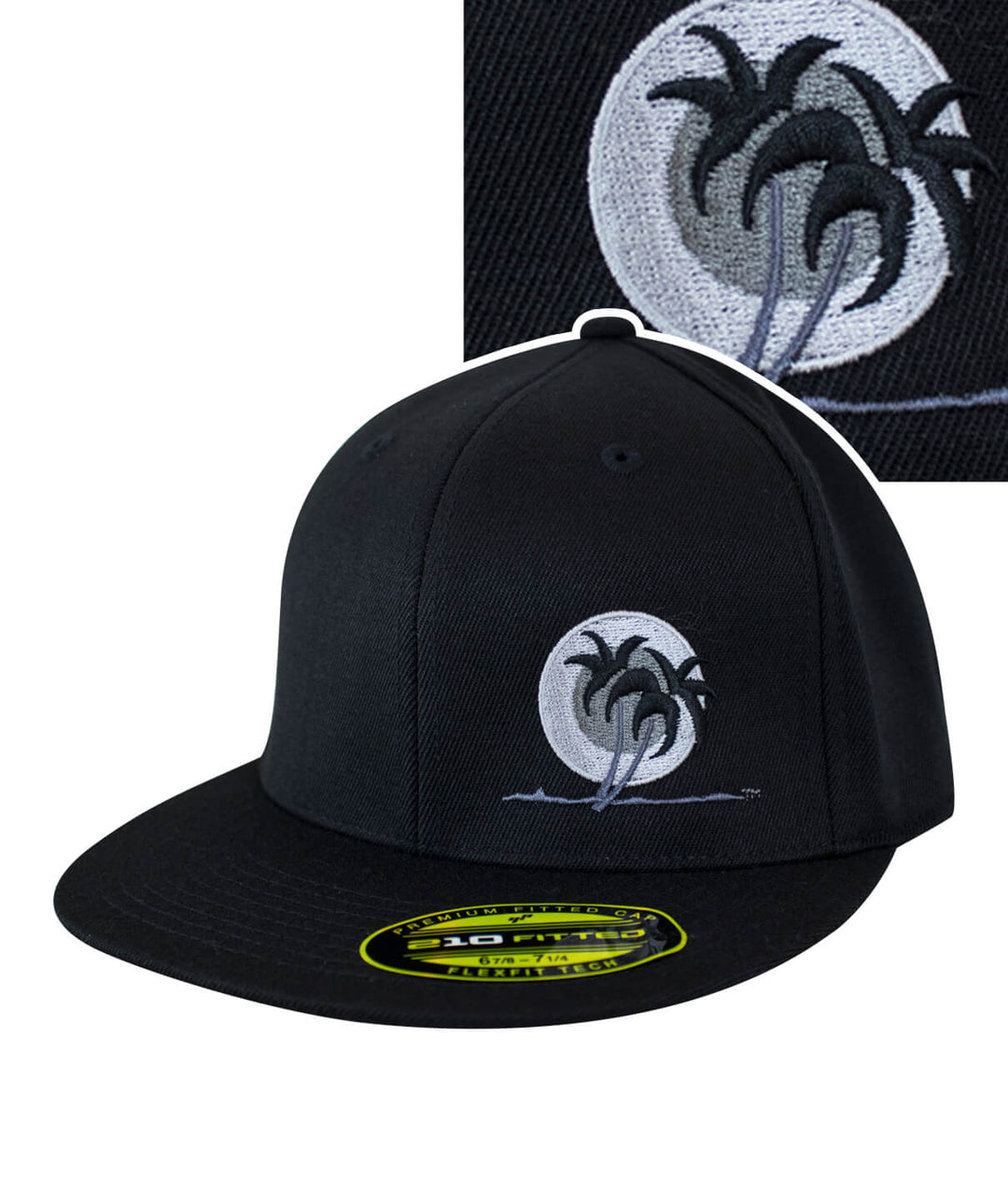 Black Line 210F Fitted Hat featuring palm tree logo, black baseball cap, Flexfit design.