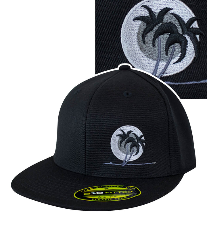 Black Line 210F Fitted Hat featuring palm tree logo, black baseball cap, Flexfit design.