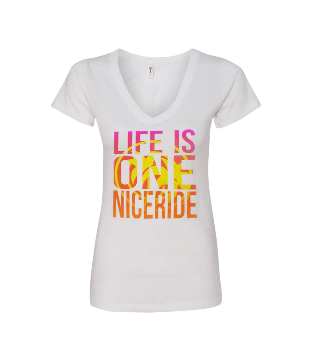 Endless Ride - Women's White Next Level Short Sleeve V- Neck Shirt featuring 'Life is One NiceRide' design.
