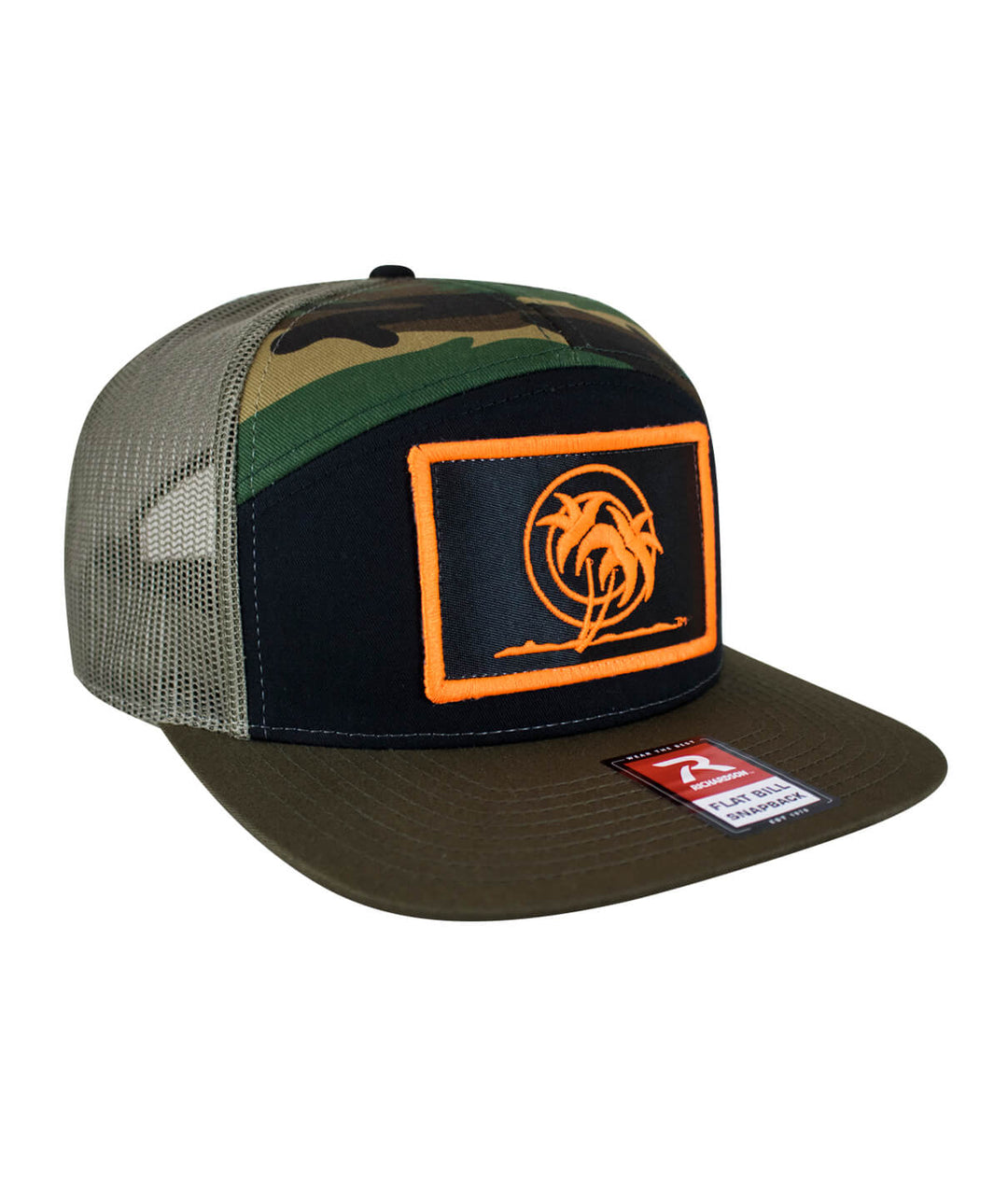 Palm Patch 7 Panel Trucker Snapback Cap for men and women featuring neon orange embroidered design and camo print.