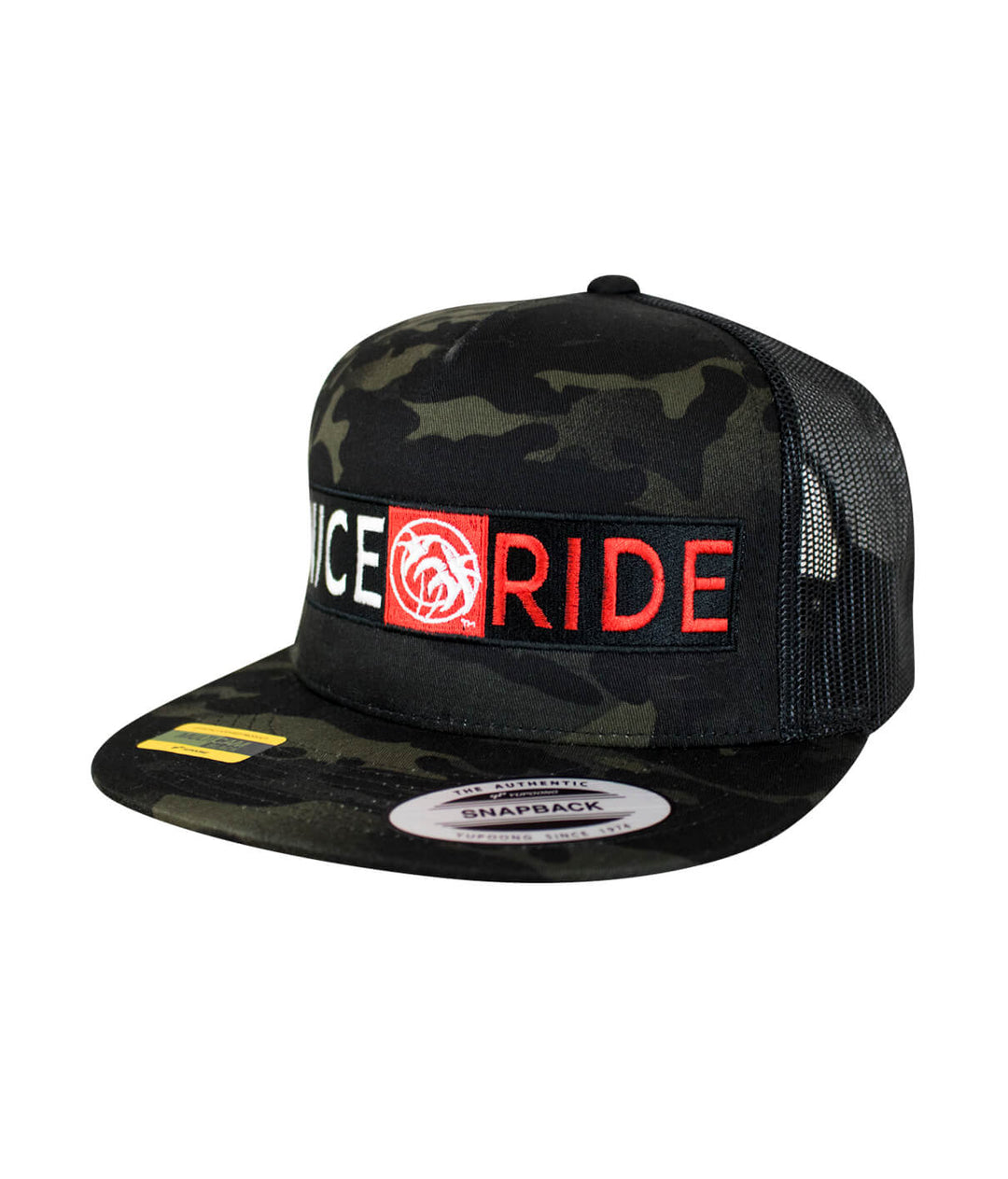 Out Front Multicamo Trucker Hat featuring NICERIDE logo, snapback design, perfect for casual wear.