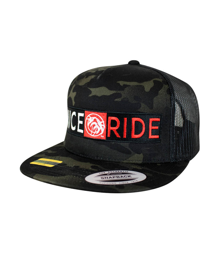 Out Front Multicamo Trucker Hat featuring NICERIDE logo, snapback design, perfect for casual wear.