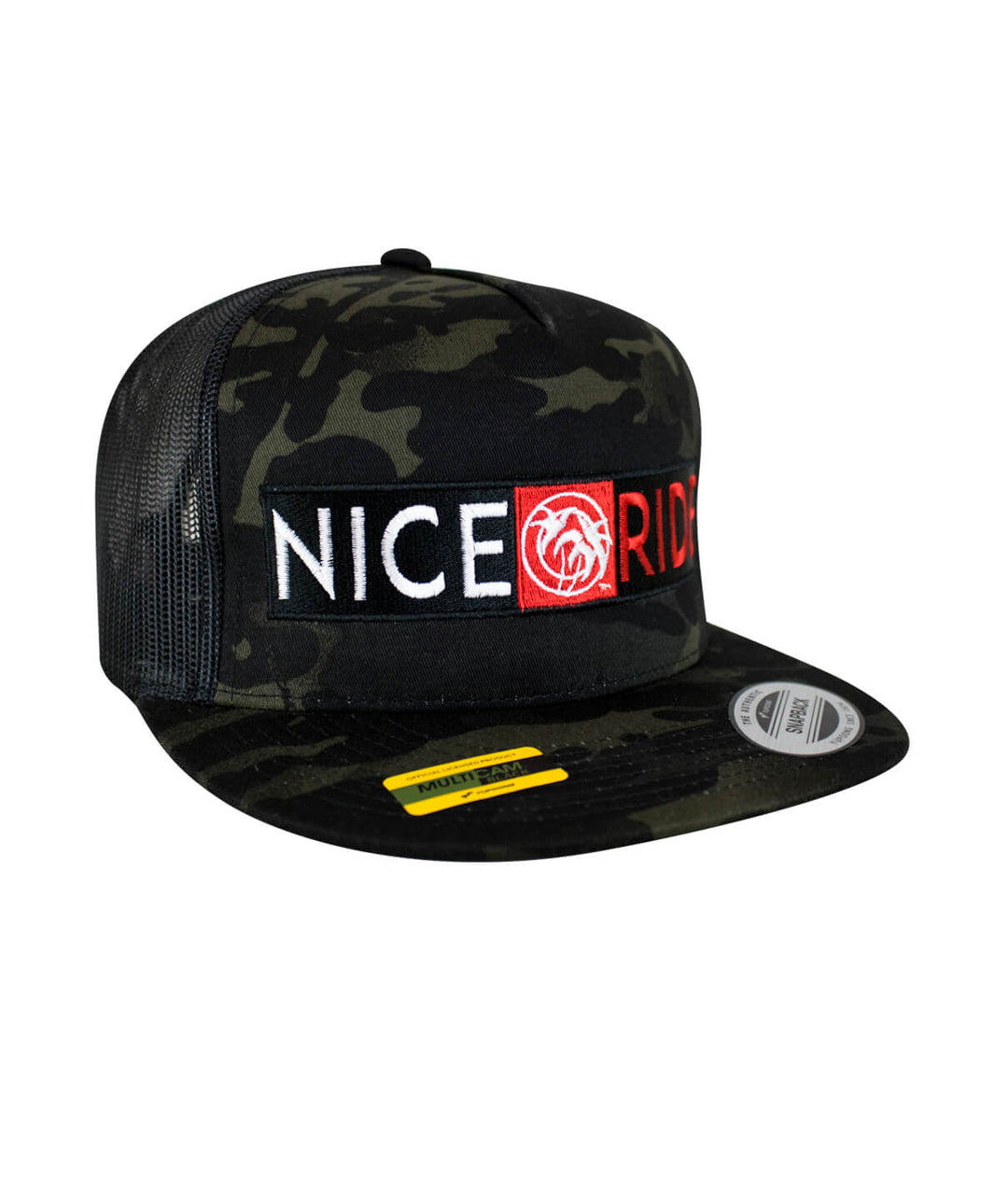 Out Front multicamo trucker hat featuring NICERIDE design, perfect for outdoor activities and casual wear.