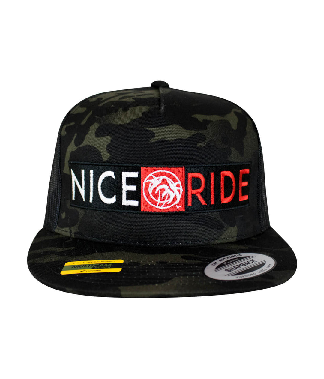 Out Front Multicamo Trucker Hat featuring NICERIDE logo, classic snapback design, and embroidered details.
