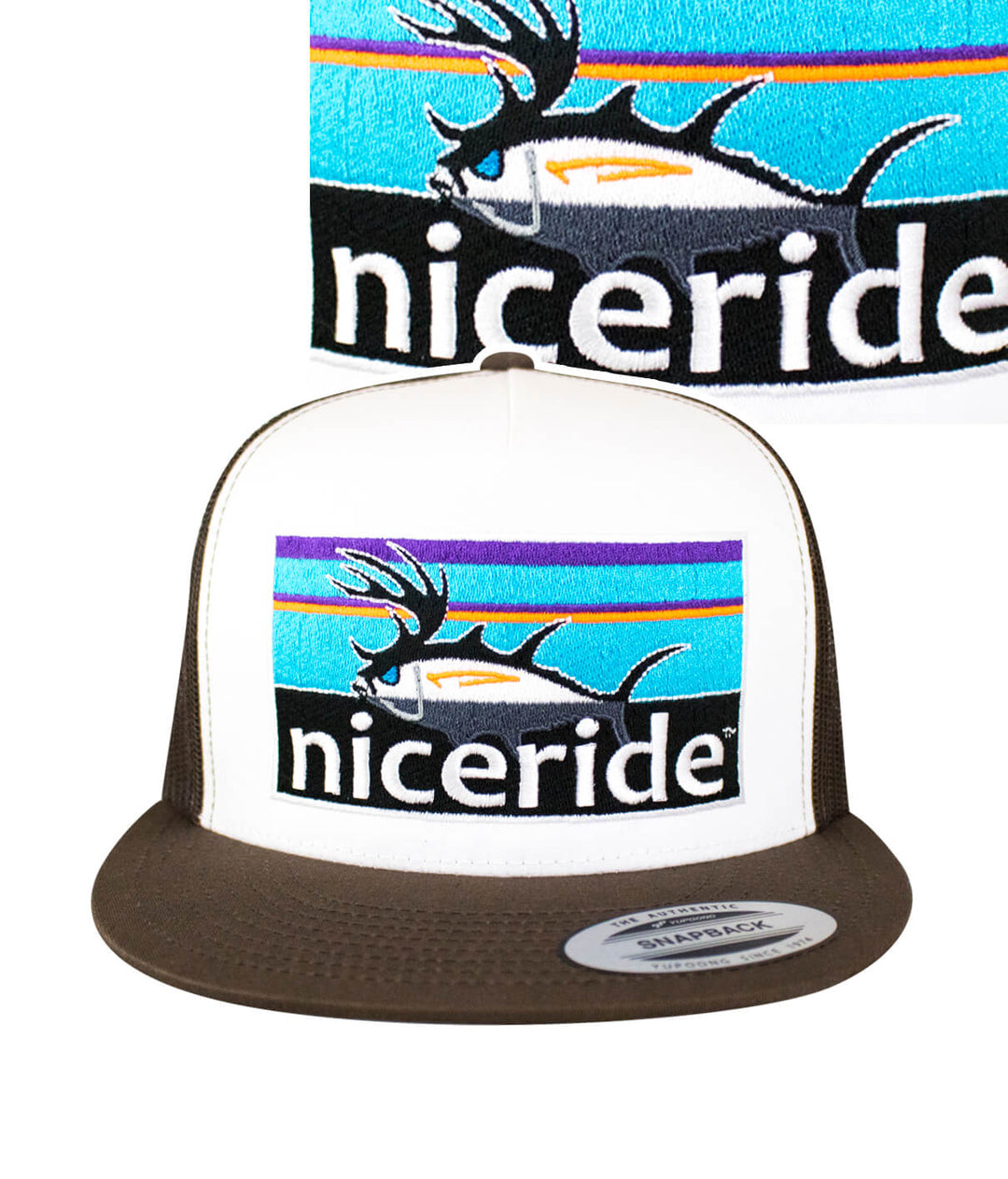 NICERIDE Buck-Eye Explorer Horizon unisex snapback trucker hat featuring colorful embroidered fish logo.