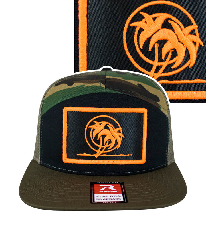 Palm Patch 7 Panel Trucker Snapback Cap for men and women with neon orange embroidery, designed by NICERIDE.