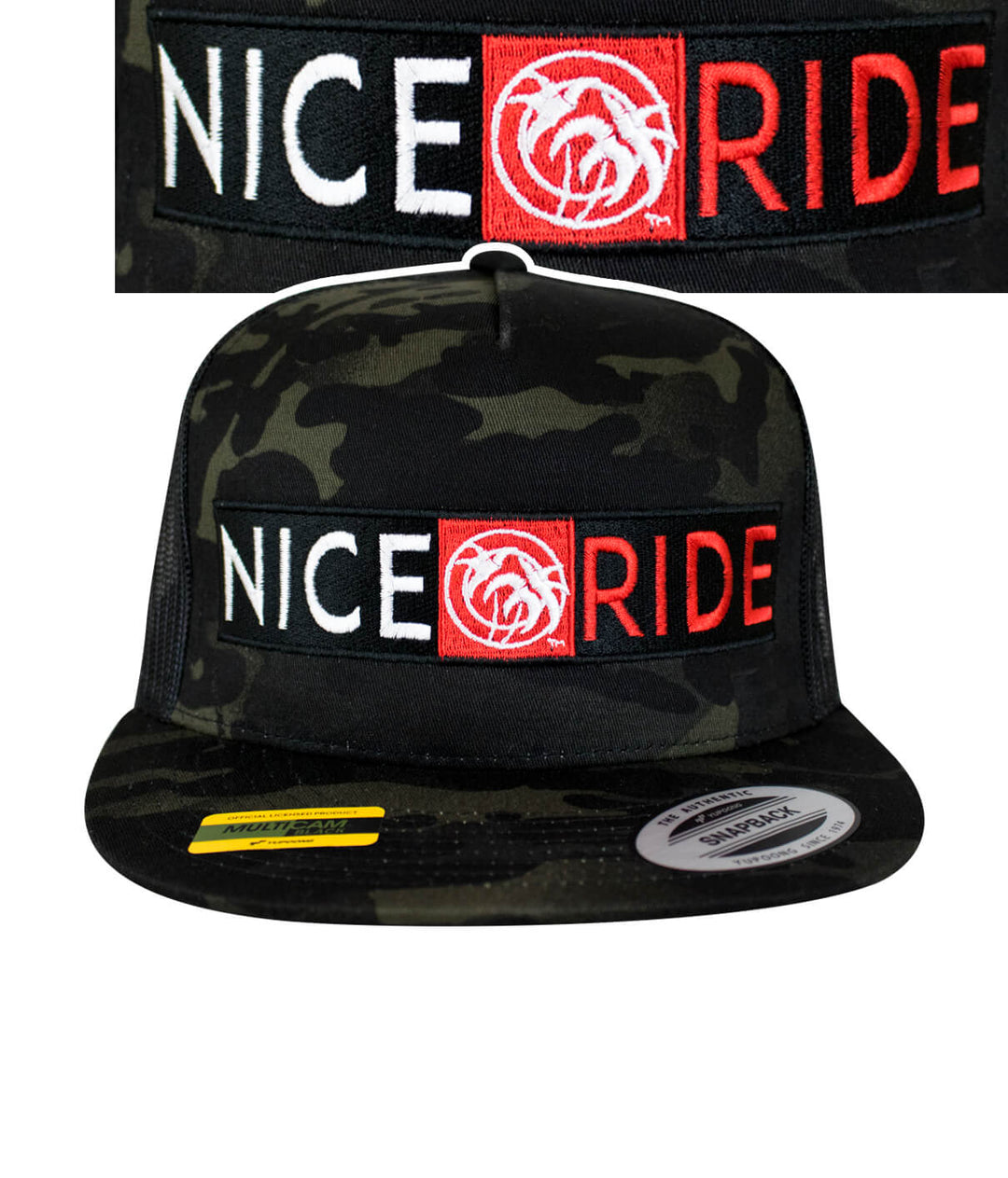 Out Front Multicamo Trucker Hat featuring NICE RIDE logo on embroidered front and palm logo on the side.